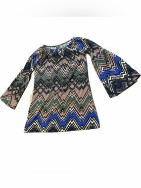 Win Win Boho Chevron Zig Zag Bell Sleeve Tunic Top Size S M Brown Blue Green EUC